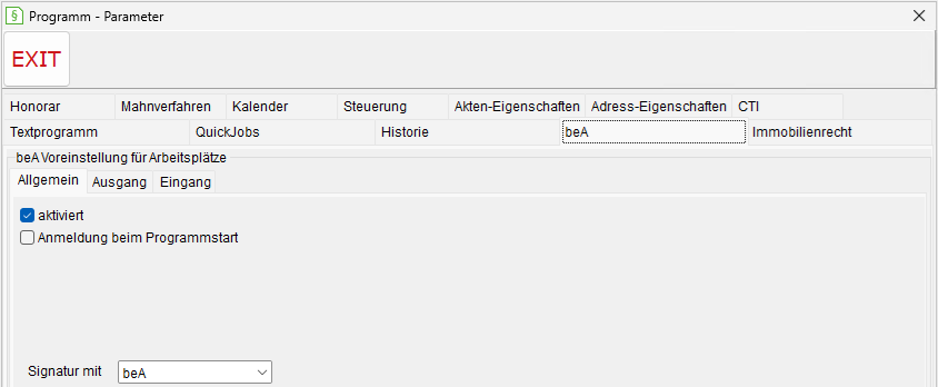 Programm-Parameter: die Registerkarte "beA", Register "Allgemein"