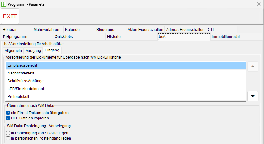 Programm-Parameter: die Registerkarte "beA", Register "Eingang"
