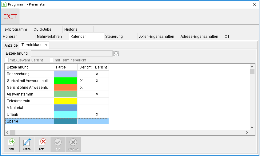 Programm-Parameter: Registerkarte "Kalender", Unterregisterkarte "Terminklassen"