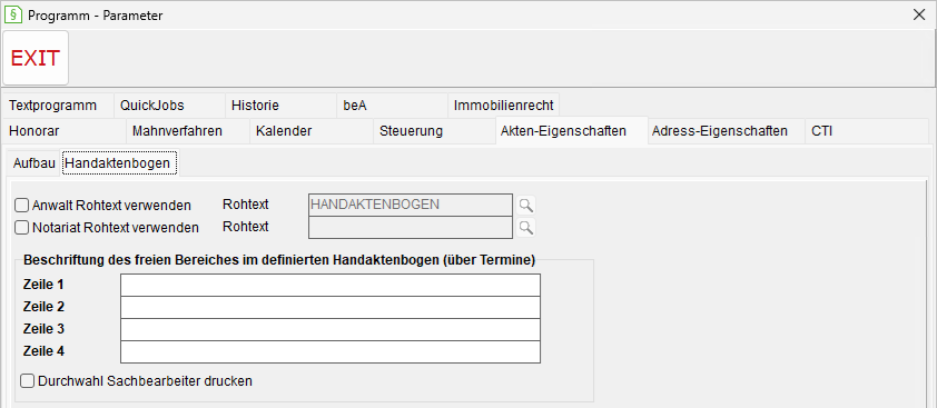 Programm-Parameter: die Registerkarte "Akten-Eigenschaften", Unterregisterkarte "Handaktenbogen"