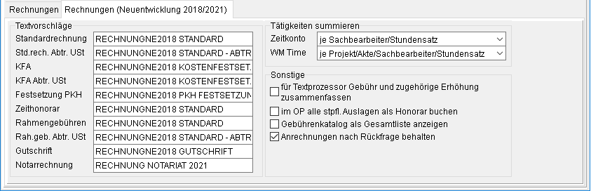 Programm-Parameter: die Registerkarte "Honorar", Unterregisterkarte "Rechnungen (Neuentwicklungen 2018/ 2021)"