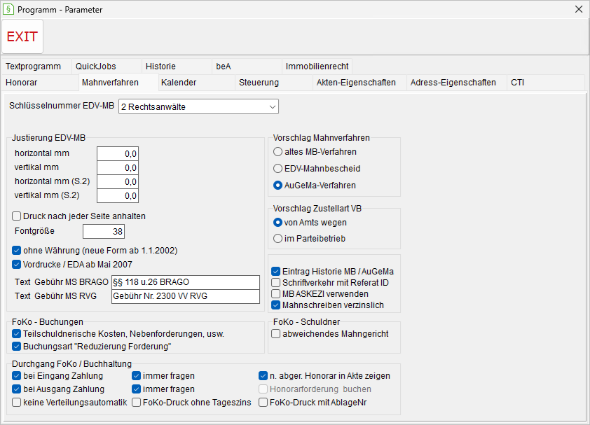 Programm-Parameter: die Registerkarte "Mahnverfahren"