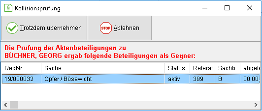 Das Fenster "Kollisionsprüfung"