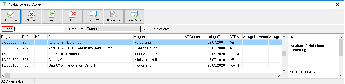 Das Suchfenster für Akten