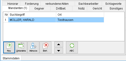 Die Akten-Registerkarte "Mandant" mit Mandanten-Datensatz