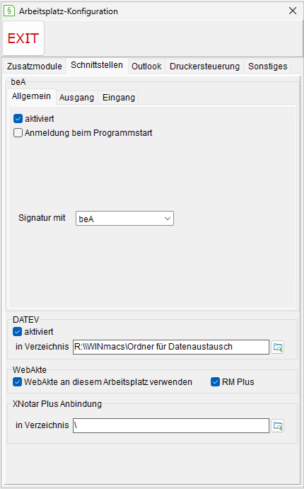 Das Fenster Arbeitsplatz-Einstellungen: die Registerkarte "Schnittstellen"