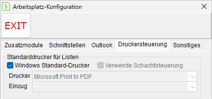 Das Fenster Arbeitsplatz-Einstellungen: der Registerkarte "Druckersteuerung"