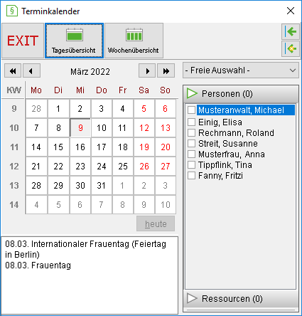 Das Fenster "Terminkalender"