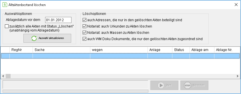 Das Fenster "Altaktenbestand löschen"