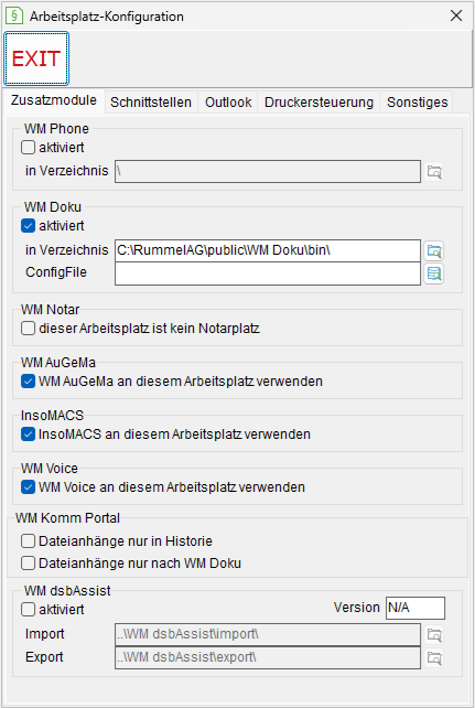 Das Fenster Arbeitsplatz-Einstellungen: die Registerkarte "Zusatzmodule"