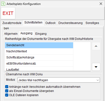 Das Fenster Arbeitsplatz-Einstellungen: die Registerkarte "Schnittstellen", beA-Ausgang