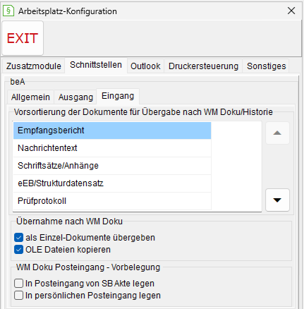 Das Fenster Arbeitsplatz-Einstellungen: die Registerkarte "Schnittstellen", beA-Eingang