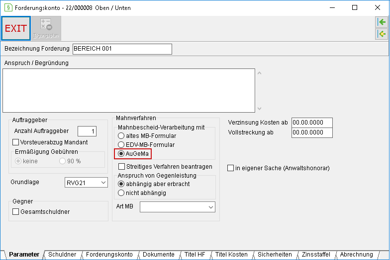 Das Forderungsfenster: die Registerkarte "Parameter"