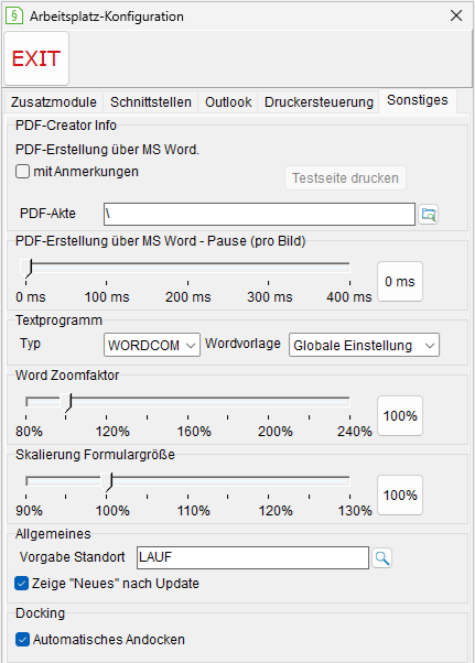 Das Fenster Arbeitsplatz-Einstellungen: die Registerkarte "Sonstiges"