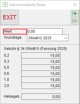 Das Fenster "Gebührentabelle Notar"