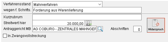 Die Akten-Registerkarte "Gericht": Unterregisterkarte "Mahnverfahren" (Ausschnitt)