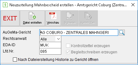 Das Fenster "Neuzustellung Mahnbescheid erstellen"