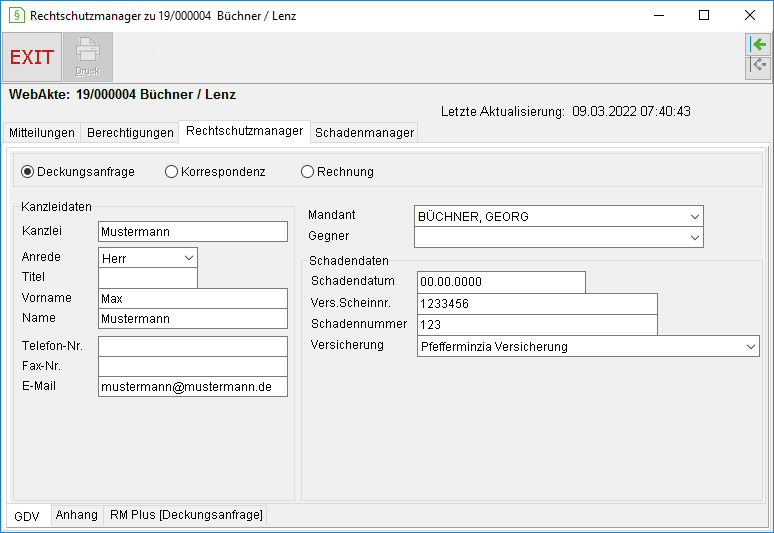 Das Fenster "Rechtschutzmanager zu WebAkte"