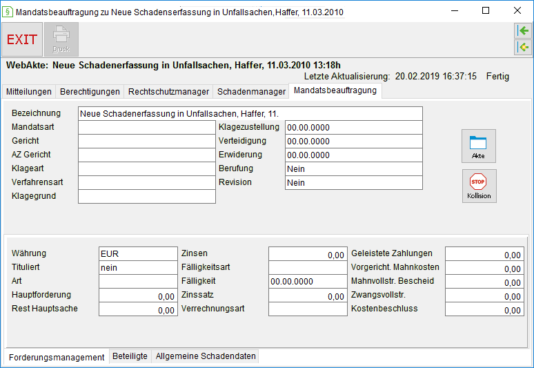 Das WebAkten-Fenster: die Registerkarte "Mandatsbeauftragung"