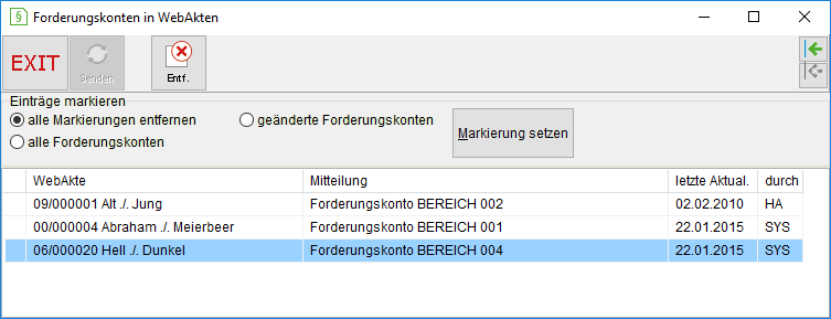 Das Fenster "Forderungskonten in WebAkten"