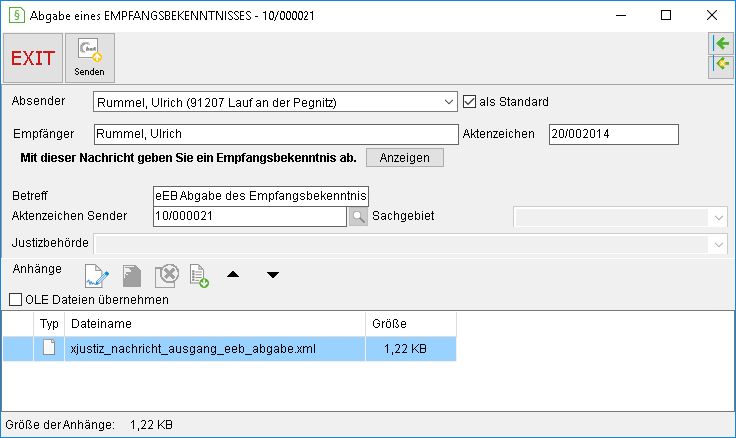 Das Fenster "Abgabe eines EMPFANGSBEKENNTNISSES"
