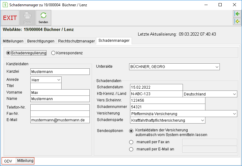 Das Fenster "Schadensmanager zu WebAkte"