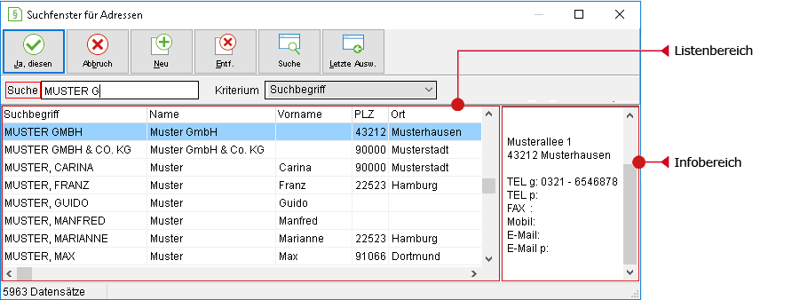 Das Suchfenster für Adressen