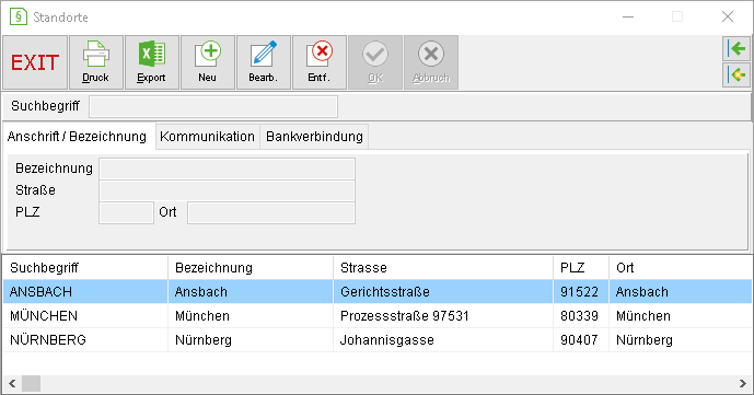 Das Fenster "Standorte"
