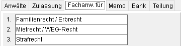 Die Kanzlei-Adresse: die Registerkarte "Fachanwalt für"