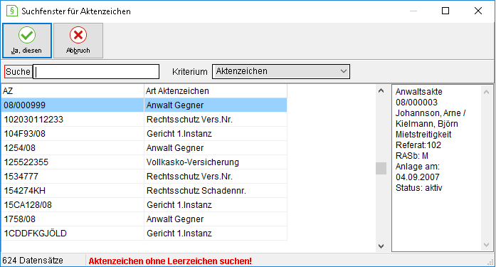 Das Suchfenster für Aktenzeichen