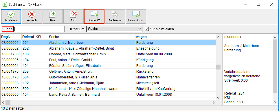 Das Suchfenster für Akten