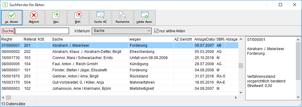 Das Suchfenster für Akten