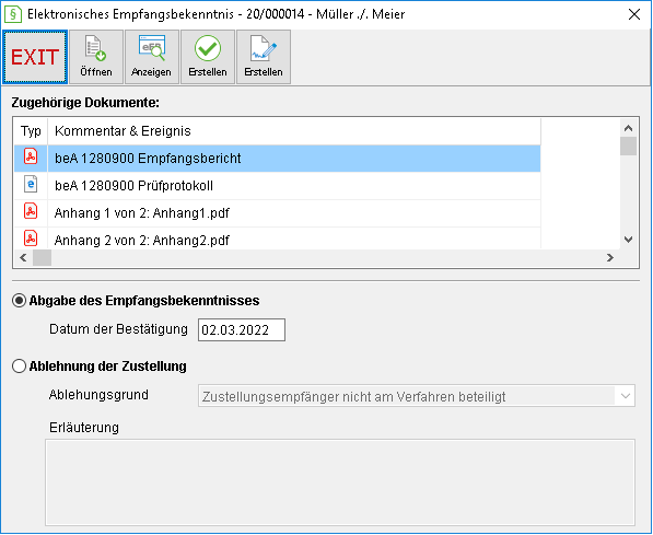 Das Fenster "Elektronisches Empfangsbekenntnis zu Akte"