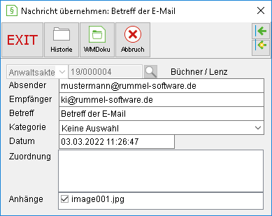 Das Fenster "Nachricht übernehmen: Betreff der E-Mail"
