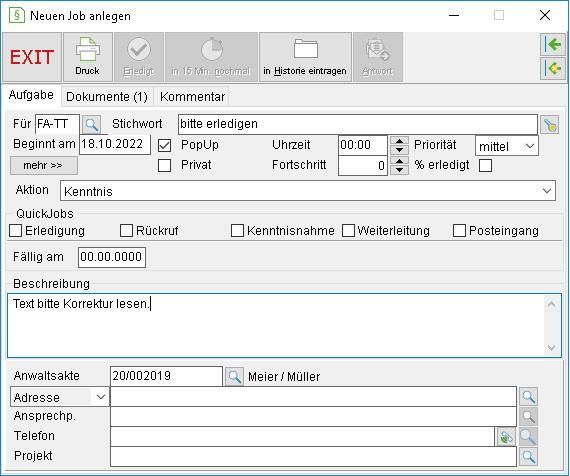 Das Fenster "Neuen Job anlegen"