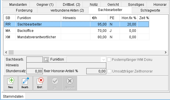 Die Akten-Registerkarte "Sachbearbeiter"