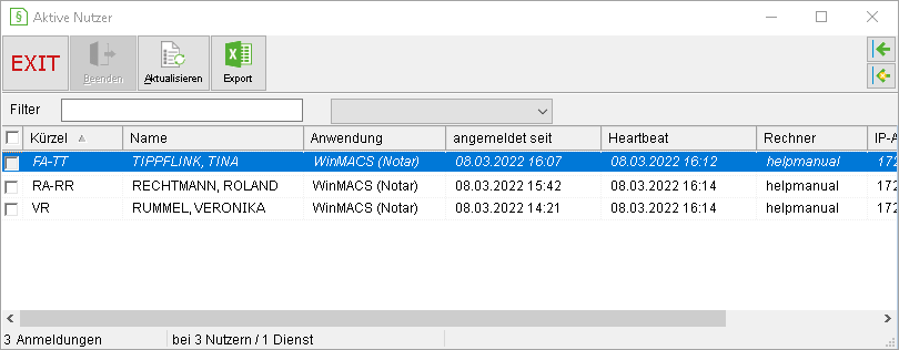 Das Fenster "Aktive Nutzer"