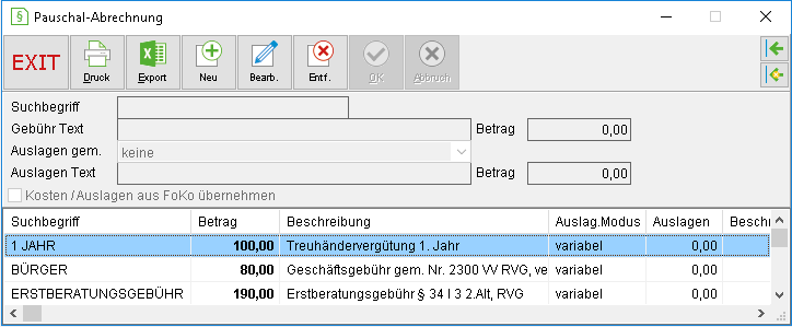 Das Fenster "Pauschal-Abrechnung"