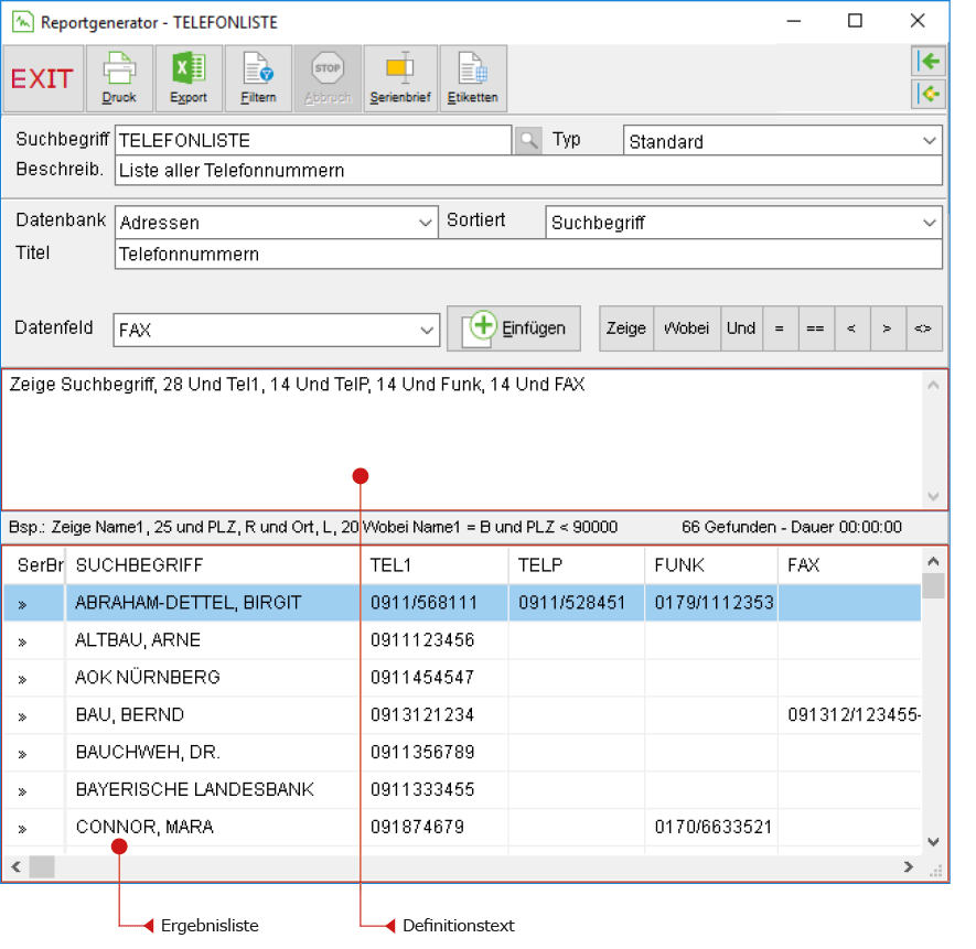 Das Fenster "Reportgenerator"