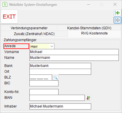 WebAkte-System-Einstellungen: die Registerkarte "RVG-Kostennote"