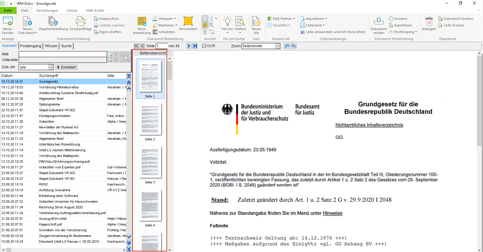 Die Seitenübersicht in WM Doku
