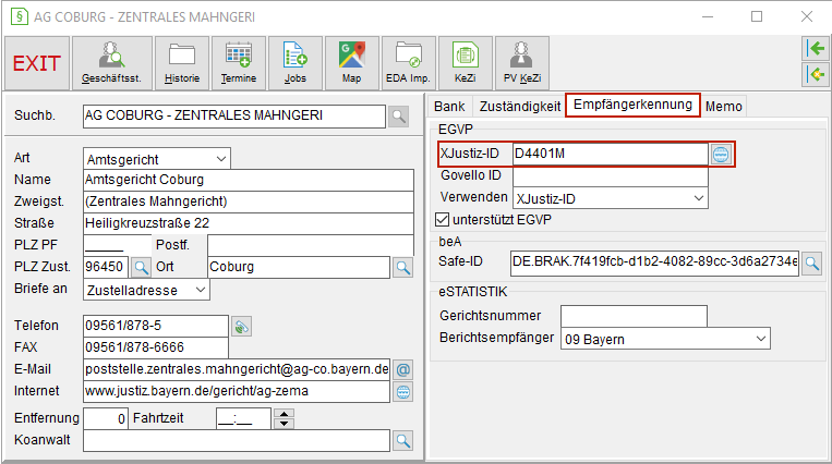 Die Gerichtsadresse