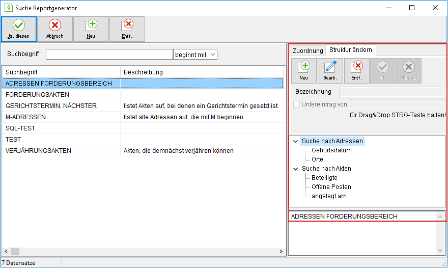 Das Fenster "Suche Reportgenerator"