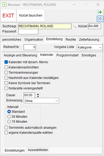 Die Benutzerverwaltung: das Unterregister "Einstellungen"