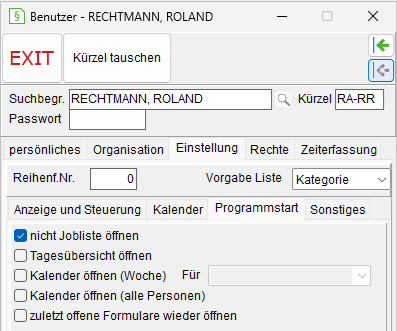 Die Unterregisterkarte "Programmstart"