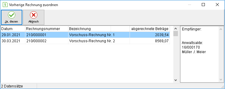 Das Fenster "Vorherige Rechnungen zuordnen"