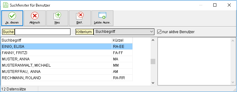 Das Suchfenster für Benutzer