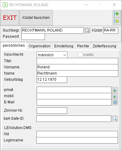 Die Benutzerverwaltung: die Registerkarte "persönliches"