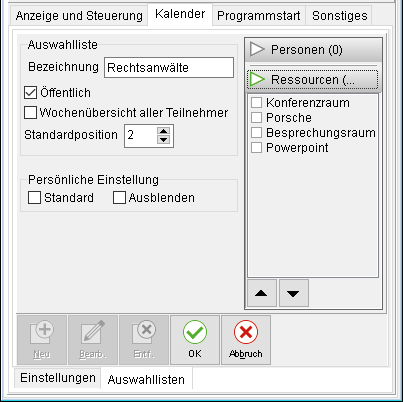 Benutzerverwaltung: Unterregister "Auswahllisten", Kalender, Ressourcen