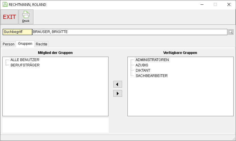 Das Benutzerfenster: Registerkarte "Gruppen"